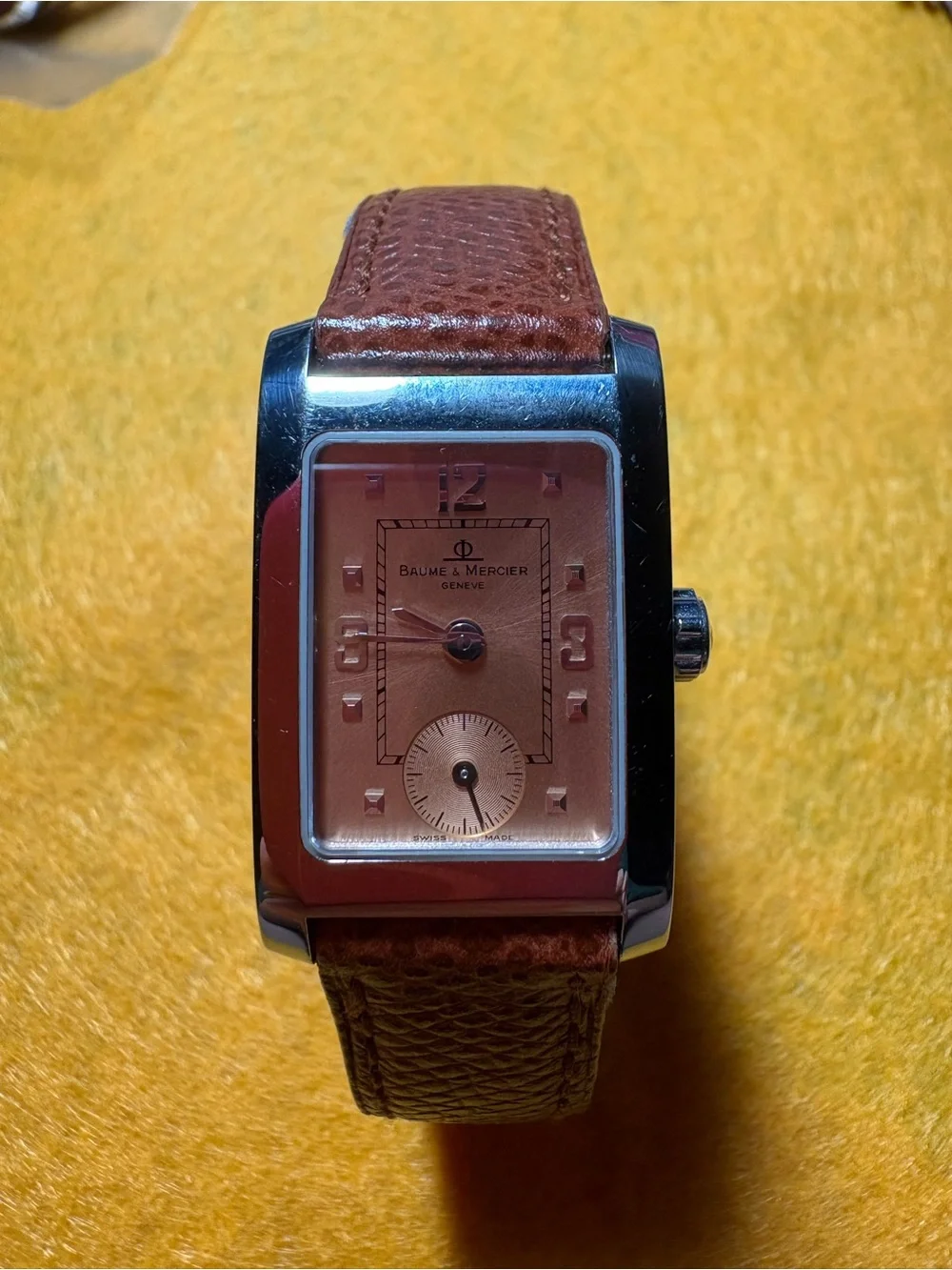 ⌚️”Baume & Mercier”Men's Rectangle Brown Leather Strap, Stainless Steele Watch.